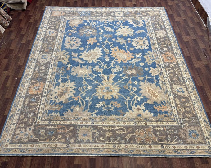 8x10 Blue Gray Floral Oushak Wool Rug - Afghan Handmade Vintage Style Rug - Boho Chic Living Room Rug - Large tribal Area Rug - bedroom rug