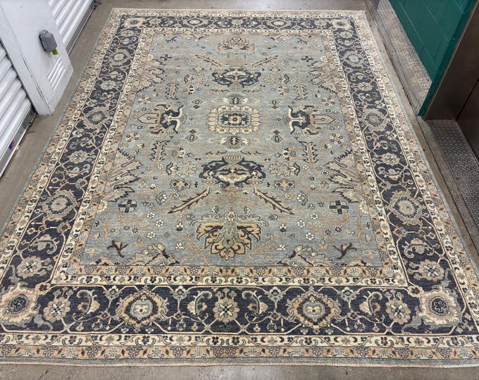 9x12 soft light blue dark gray Oushak rug - Oreintal Rug - afghan hand woven wool rug - flooring rug - bedroom decor rug - living room rug