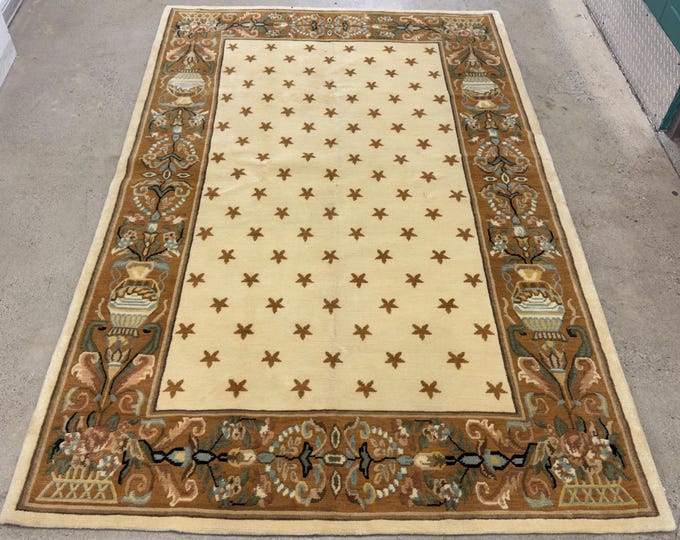 5x8 ft Soft double pile ivory brown traditional rug , hand knotted wool oriental rug , bedroom rug - livingroom area rug - home decor rug