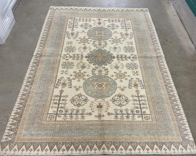 6x9 vintage Ivory khotan afghan rug - hand knotted wool rug - natural veg dye woolen rug - traditional rug - Bohemia style rug - tribal rug