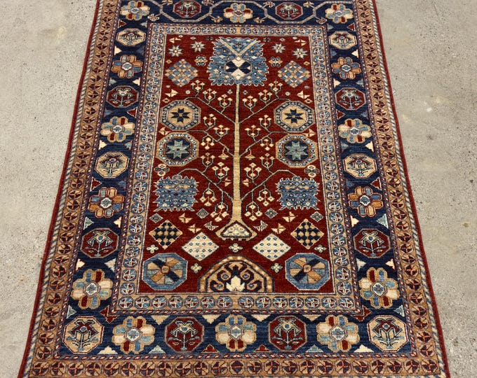4x6 stunning tribal red navy blue rug - Persian style afghan hand knotted oriental rug - natural veg dye wool rug - kitchen, living room rug