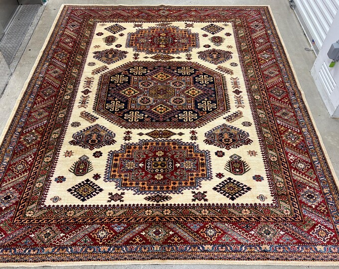 8x10 ivory fine kazak rug - Afghan geometric hand knotted oriental rug - rugs for bedroom - dining room rug - Persian style area rugs 8.5x10