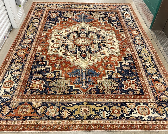 9x12 Stunning tribal orange blue Heriz medallion Rug - Afghan Hand knotted Wool Persian style Oriental rug -  livingroom rugs - Bedroom rug