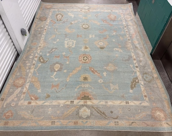 May include: A light blue rug with a beige border and intricate floral patterns. The rug has a distressed, vintage look.