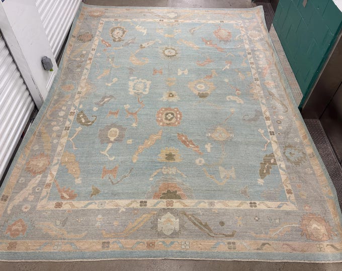 10x14 stunning tribal light blue oushak rug - Afghan hand knotted wool oriental rug - rugs for livingroom - rug for dining room -vintage rug