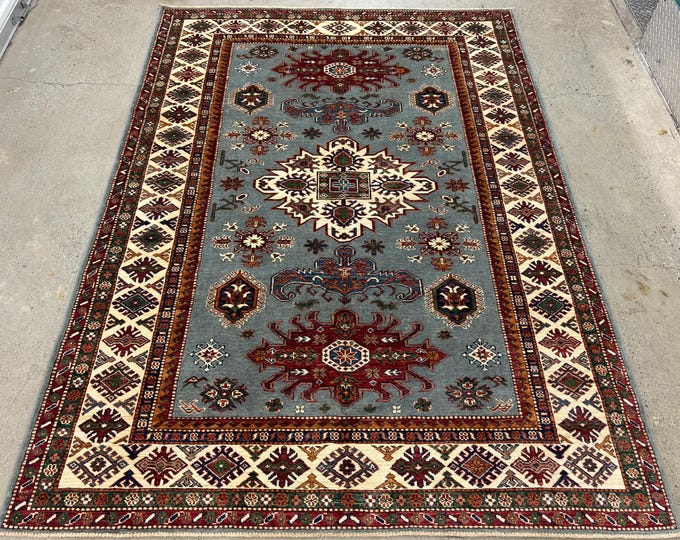 6x8 Blueish Gray Kazak rug - traditional afghan hand knotted wool Oriental rug - rugs for living room - bedroom rugs - dining room rugs