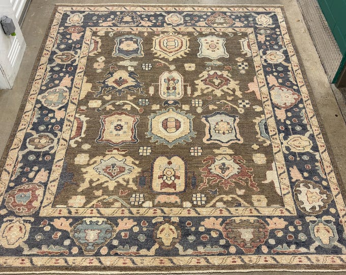 8x10 Taupe Gray oushak rug - floral Turkish style hand knotted natural dyes wool rug - rugs for bedroom - dining room rug - Navy blue rug