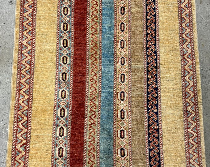 3x4 yellow Turkish Area Rug Shawl Pattern Hand knotted natural Veg dye Wool Striped Tribal Rug, Boho Rug - Bedroom Rug - Rug for Living Room