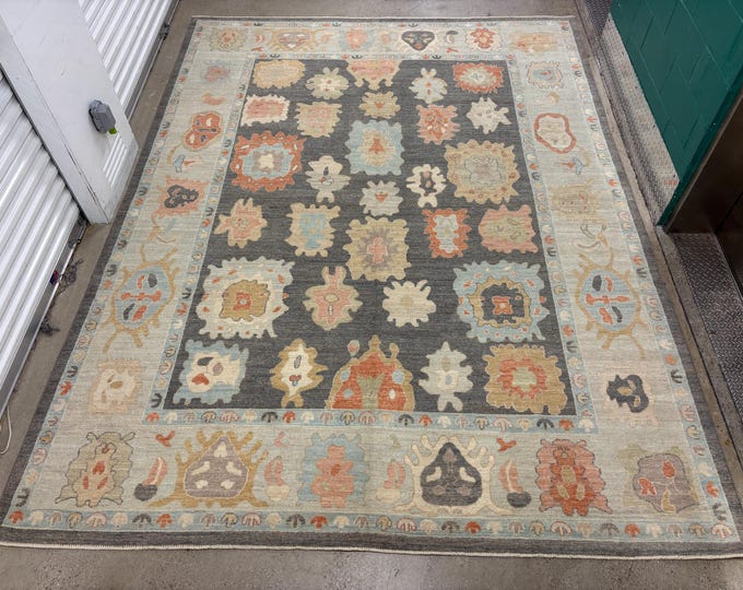 9x12 Beautiful Dark Grey tribal Oushak Rug - Large Area Rug - Luxurious Turkmen Hand knotted Vegetable Dyed Woollen Rug - rug for Livingroom