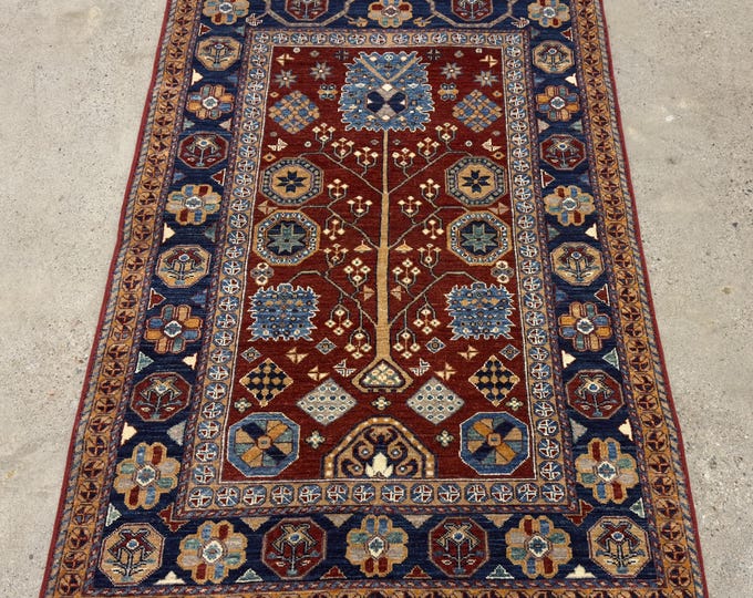 4x6 stunning tribal red navy blue rug - Persian style afghan hand knotted oriental rug - natural veg dye wool rug - kitchen, living room rug