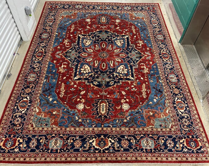 9x12 Stunning tribal Navy blue Red Heriz rug - Afghan hand knotted wool oriental rug - Persian design rug - rug for livingroom - bedroom rug