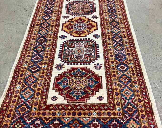 10ft ivory white Kazak Runner Rug - Afghan hand knotted - Kazak Runner - Entryway Rug - hallway rug - Home Decor- Corridor Rug - kitchen rug