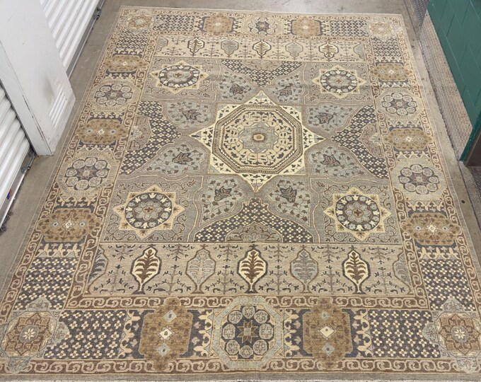 9x12 ethnic traditional medallion Mamluk muted gray rug - Afghan hand knotted wool oriental rug, rug for livingroom, bedroom rug, tribal rug