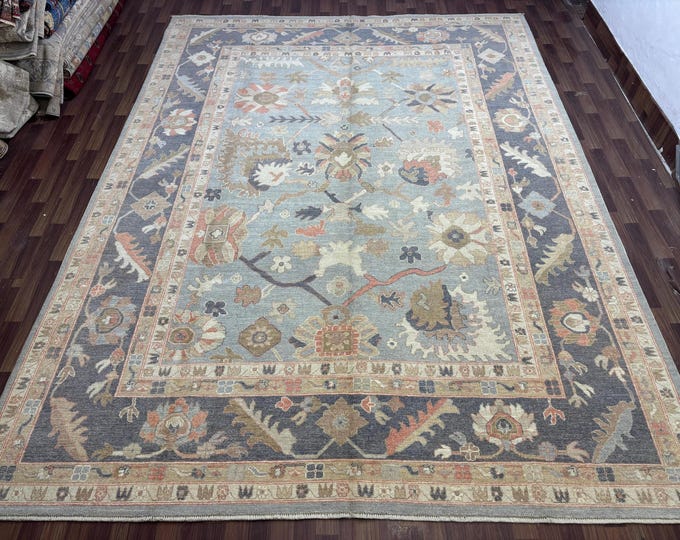 9x12 ft Oushak Rug Afghan Hand Knotted Wool Rug, Blue Gray Beige Vintage Area Rug, Traditional Oriental Large Carpet, Living Room Decor rug
