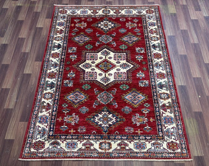4x6 ft Afghan Handmade Red White Kazak Rug - Tribal Bohemian Rug - Authentic Wool Area Rug - Large Floor Covering - rugs for livingroom