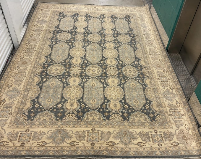 10x14 unique dark gray ivory chobi Oushak rug - Oreintal Rug, afghan hand woven wool rug - flooring rug - bedroom decor rug, living room rug