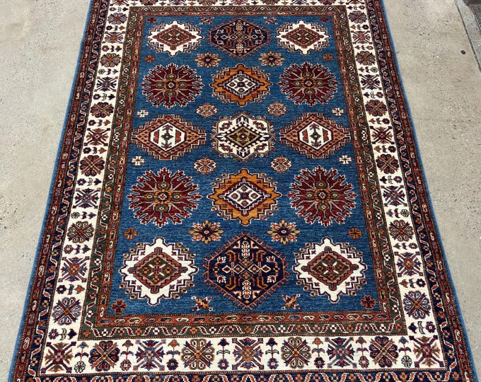 5x7 ft light blue kazak rug - afghan hand knotted tribal wool rug - home decor area rug - traditional geometric rug - rugs for living room