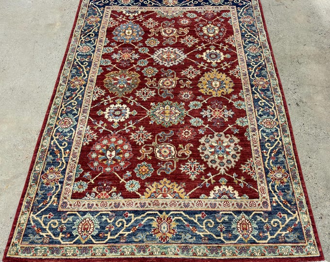 5x7 Beautiful tribal floral red and Navy blue rug - Afghan Persian style hand knotted wool oriental rug - hallway rugs - living room rugs
