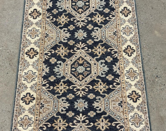 8 ft tribal chobi dark gray runner rug afghan hand knotted wool rug - oriental runner rug - hallway rug - kitchen rug - entryway runner rug