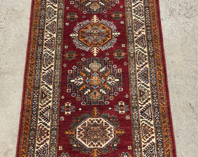 9 ft Red tribal Kazak Runner Rug - Afghan hand knotted wool oriental rug - Entryway Rug, hallway rug, Home Decor- Corridor Rug - kitchen rug