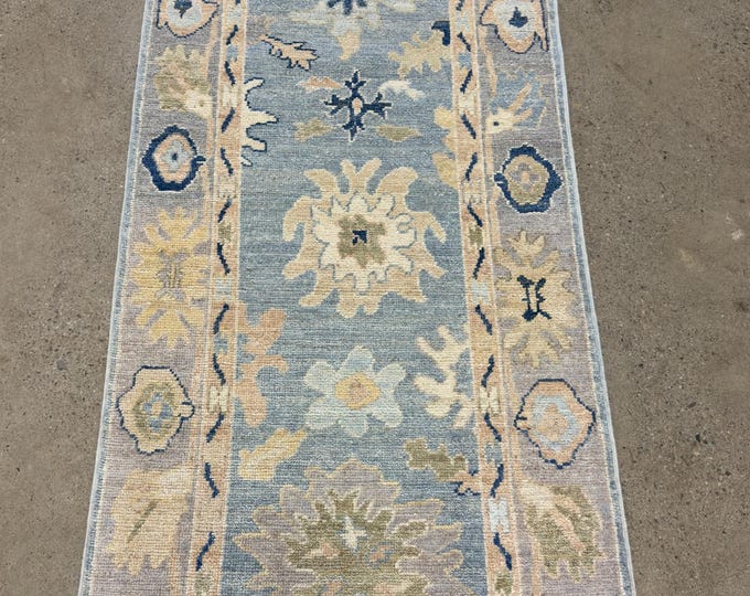 8ft tribal oushak pastel blue runner rug - afghan hand knotted wool  oriental runner rug - hallway rug - kitchen rug - entryway runner rug
