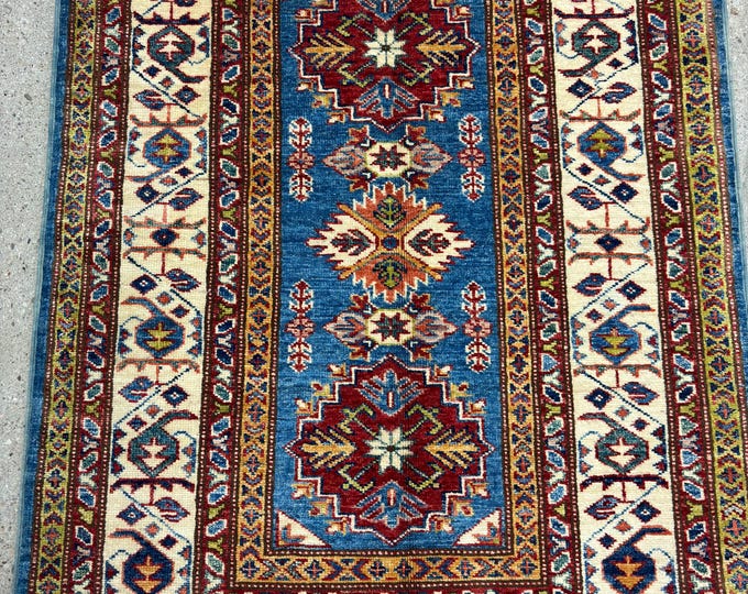 3x4 tribal light blue rug small size entryway rug - natural color dyes wool hand knotted rug - bathroom rug - kids room rug - Nursery rug