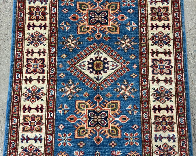 3x4 tribal light blue rug small size entryway rug - natural color dyes wool hand knotted rug - bathroom rug - kids room rug - Nursery rug