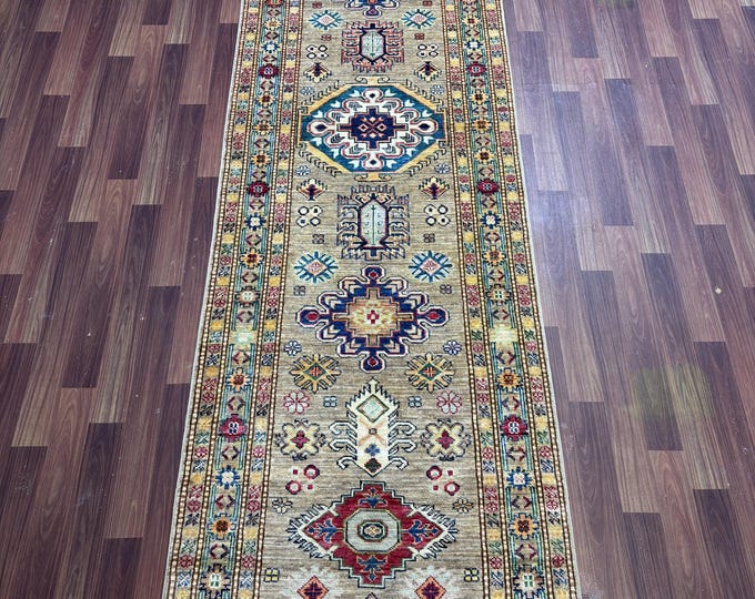 10 ft Beige blue red Kazak Runner Rug - Afghan hand knotted Runner rug - Entryway Rug - hallway rug - Home Decor, Corridor Rug - kitchen rug
