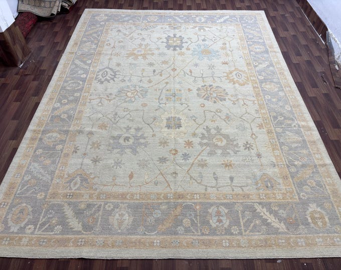 9x12 Tribal Floral Handmade Large Oushak Rug Soft Light Pastel gray Colors Natural Wool Pile Hand Knotted Oushak Rug - rugs for living room