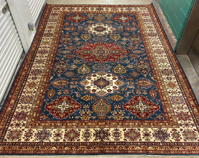 10x14 blue Elegant Design fine Kazak Rug Hand knotted Wool Traditional rug - vintage Caucasian area rug - rugs for living room - bedroom rug
