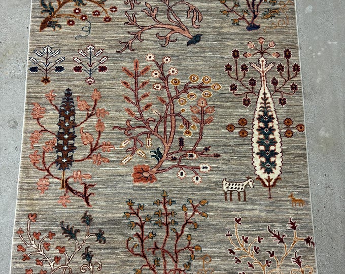 3'5x5 taupe grey Gabbeh Rug - Tree of Life  Afghan Hand knotted Veg Dye Wool accent rug - rugs for kitchen - bathroom rug - traditional rug