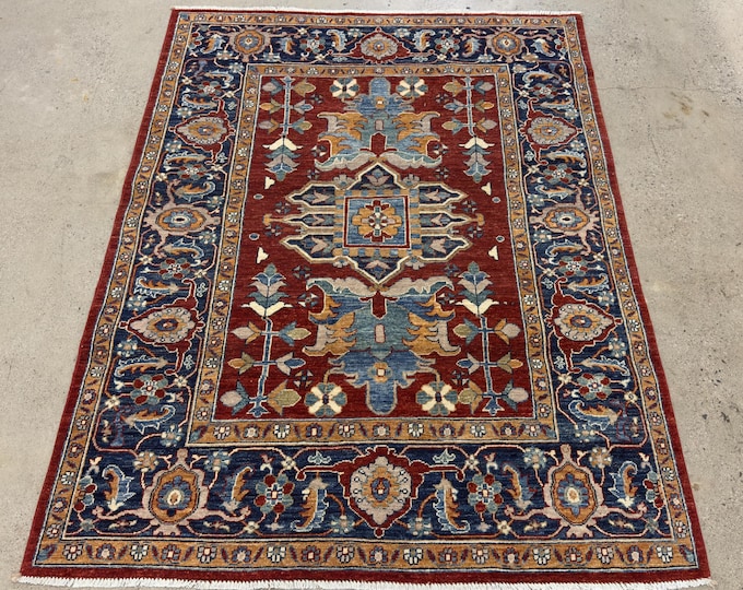5x7 ft traditional vintage red navy blue rug - Persian style afghan hand knotted oriental rug - natural veg dye wool rug - livingroom rug