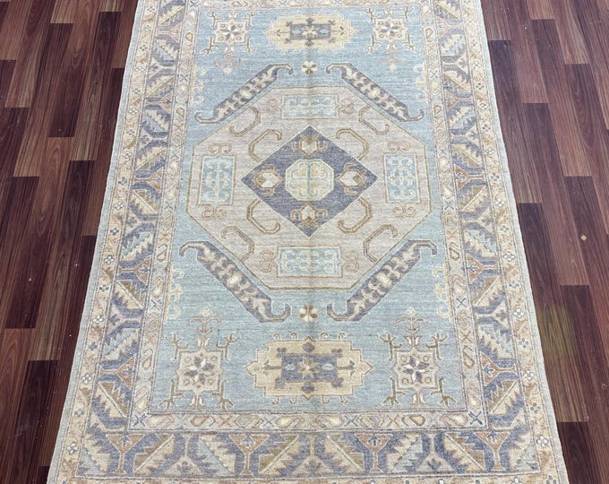 4x6 ft tribal medallion chobi light blue rug - afghan hand knotted Persian style natural dyes wool area rug - kitchen rug, entryway rug