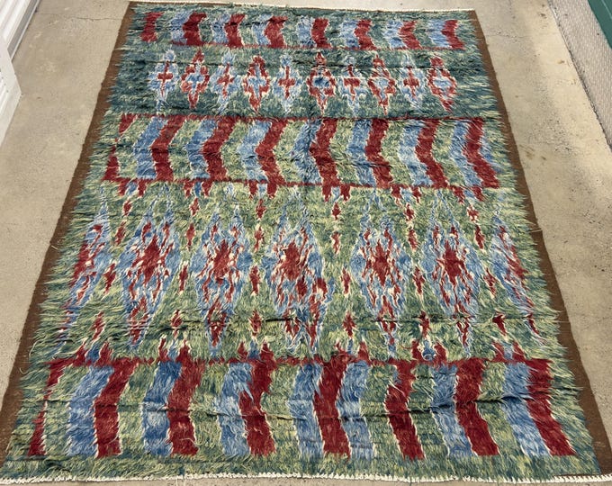 7x10 Green Red handmade Moroccan double pile kilim rug - afghan hand knotted wool rug - livingroom rug, tribal abstract home decor rug