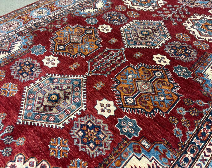 Beautiful Red 6x9 kazak rug - afghan hand knotted geometric area rug - oriental rug - traditional rug - tribal rug - natural dye colors wool