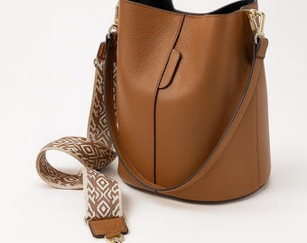 Brown Leather Bucket Bag – Woven Strap Shoulder Tote, Natural Brown Leather Crossbody Bag For Women