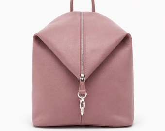 Pink Leather Backpack Purse, Stylish Shoulder Bag, Travel Daypack