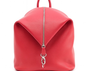 Coral pink genuine leather women’s backpack,casual daypack,stylish shoulder purse for work,travel bag,leather backpack bag,pink leather bag