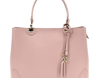 Pink Leather Handbag, Elegant Structured Tote Bag, Crossbody Purse