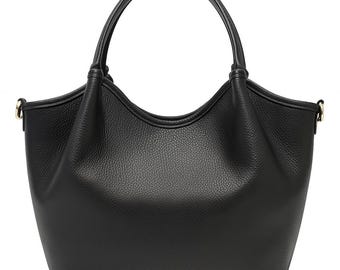 Ręcznie robiona, czarna, pojemna skórzana torebka damska – ponadczasowa, luksusowa torebka z prawdziwej skóry z uchwytem u góry
