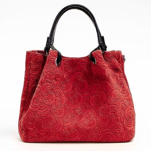 Red leather shoulder bag for women,red suede tote,floral leather bag,crossbody,genuine leather bag,soft leather tote,unique gift for women
