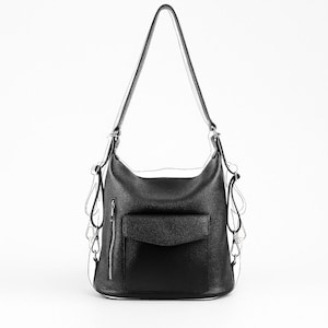 Convertible leather bag for women,black versatile backpack,black multi-way bag,black shoulder  tote,soft leather bag,black leather backpack