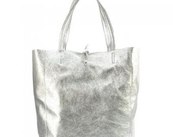 Zachte zilveren leren draagtas, casual zilveren schoudertas