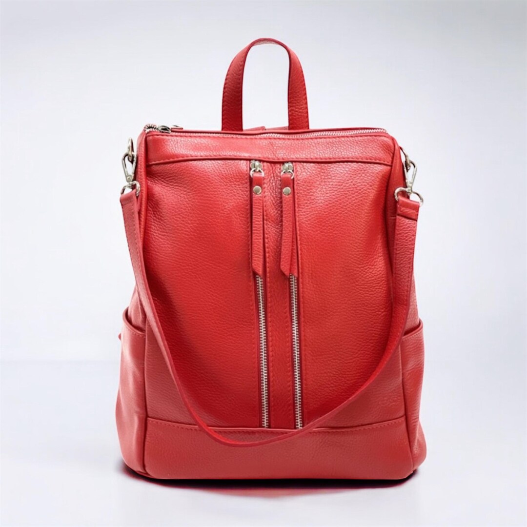 Red Convertible Leather Backpack Purse for Women – Large  display picture 3