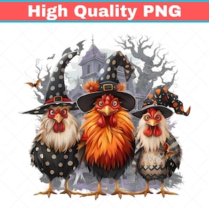 Spooky Chicken Halloween PNG: Witch, Pumpkin, Haunted House (Digital Download