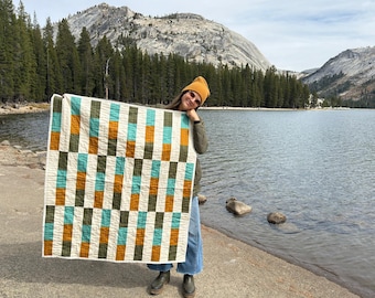Handmade Modern Heirloom Baby Quilt or Lap Quilt in Green Blue Orange & Off-White - Hand Quilted Cozy Perfect for Nursery / Crib / Play Mat