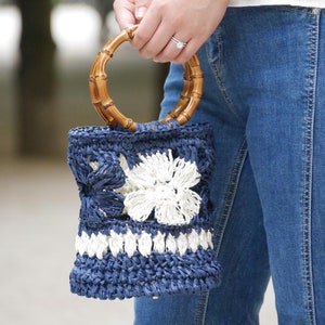 Crete - handmade crochet raffia bucket bag with bamboo handles
