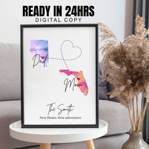 Aangepast koppelcadeau, verhuiscadeau, familiecadeau lange afstand, afdrukbare liefdeskaart, altijd dichtbij, print lange afstand, mama en papa, afdrukbare liefdeskaart