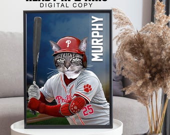 Philadelphia Baseball Pet Portrait, Custom Baseball Team Cat Poster, Funny Pet Lover Portrait, Cat in Baseball Jersey, Pet Lover, Pet Loss
