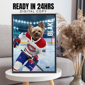 Portret zwierzaka dowolnej drużyny hokejowej, niestandardowy portret Montreal Canadiens, prezent dla miłośnika NHL, sztuka ścienna drużyny hokejowej, prezent dla miłośnika hokeja, cyfrowy